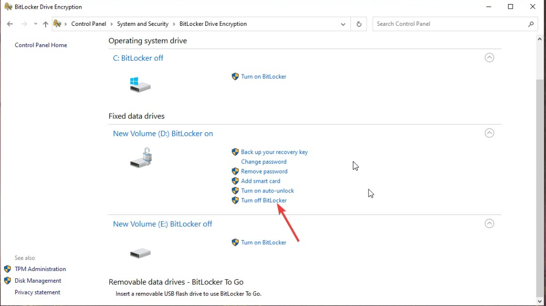 Turning off BitLocker