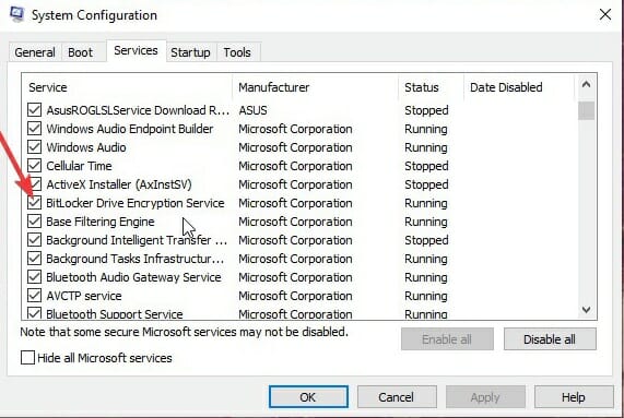 Unticking BitLocker Drive encryption in service window