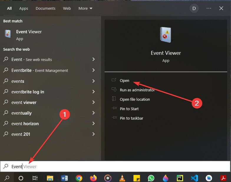 Use search box to open Event Viewer