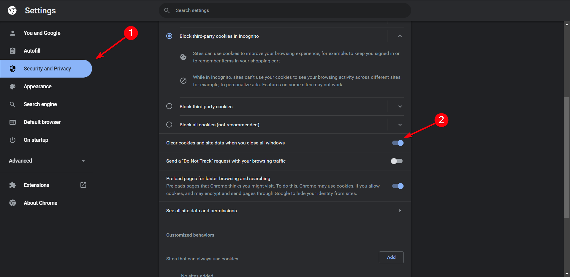 click to clear cookies and site data