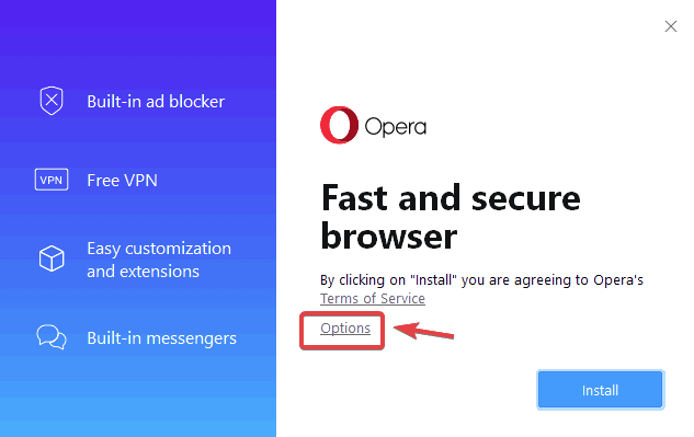 Opera offline installer Options check to customize the installation