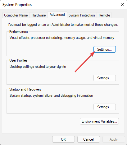 settings button in performance settings section
