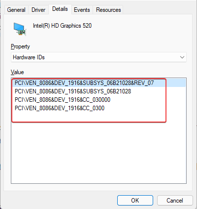 In the Value field check the hardware id from the list