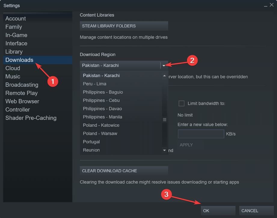 Change download region in steam