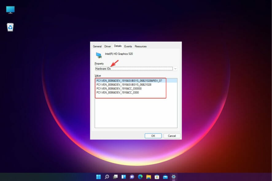 check hardware id in the device properties window