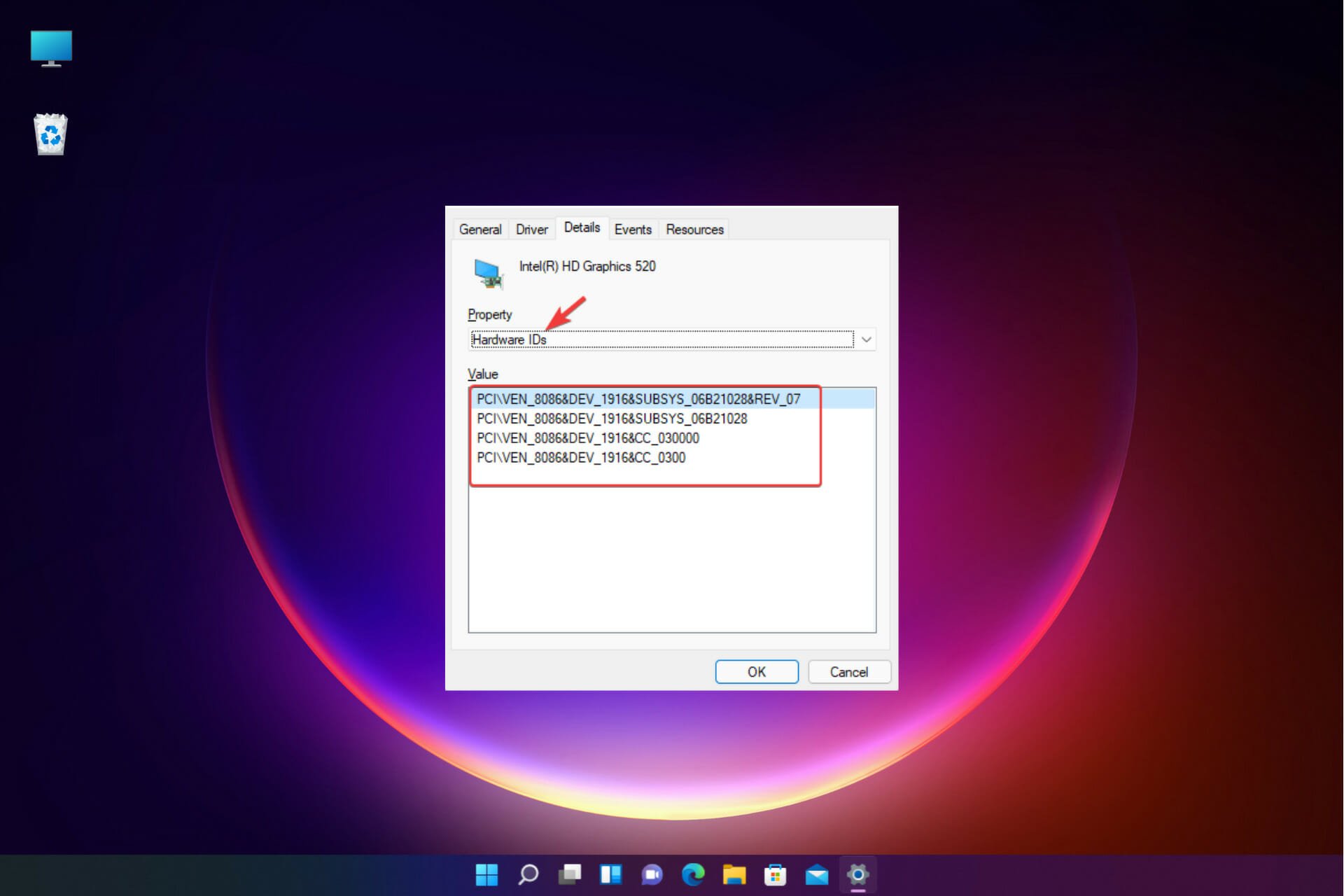 check hardware id in the device properties window