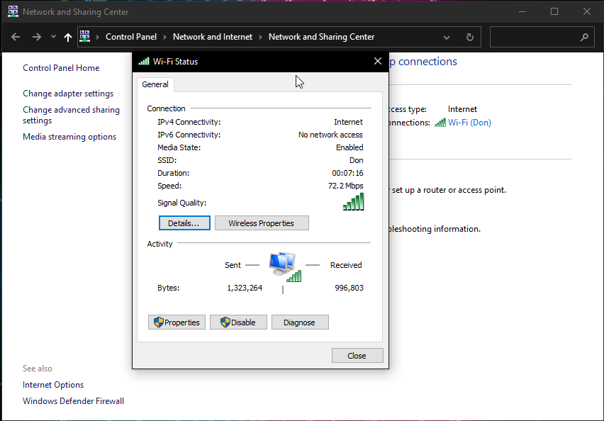 Wi-Fi status window 
