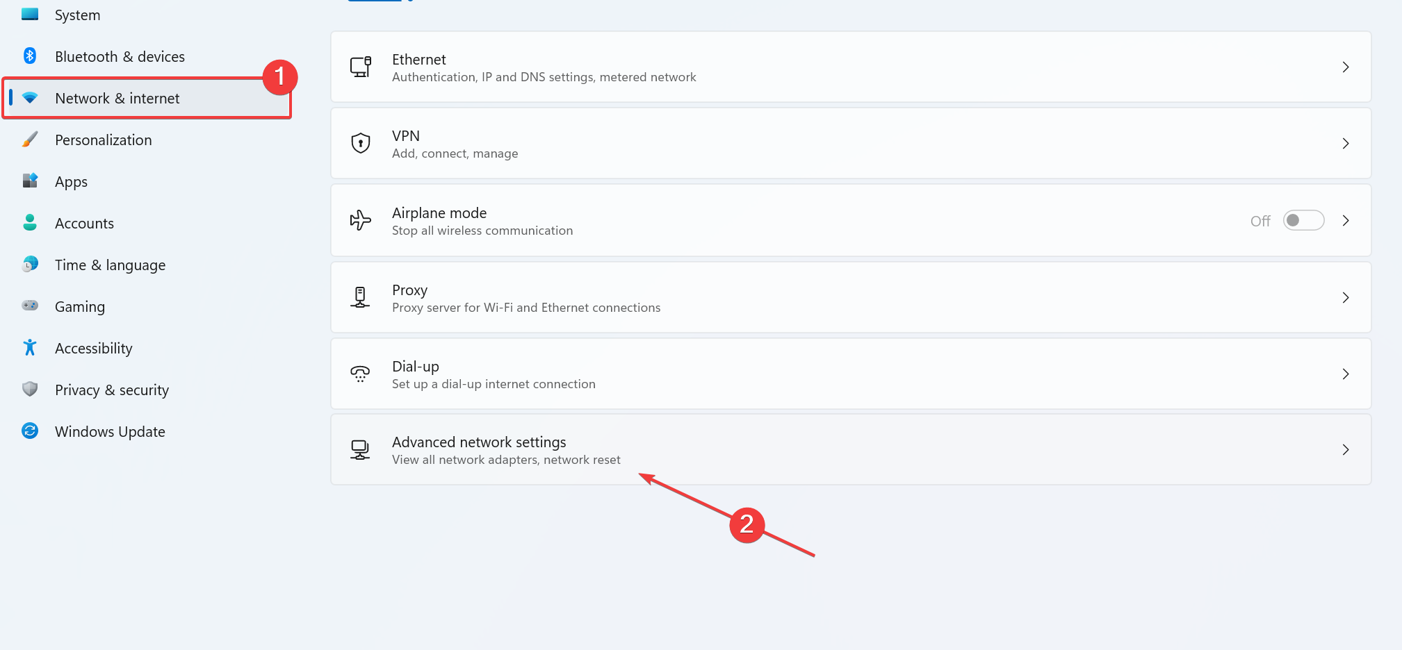 Accessing Advanced network settings window
