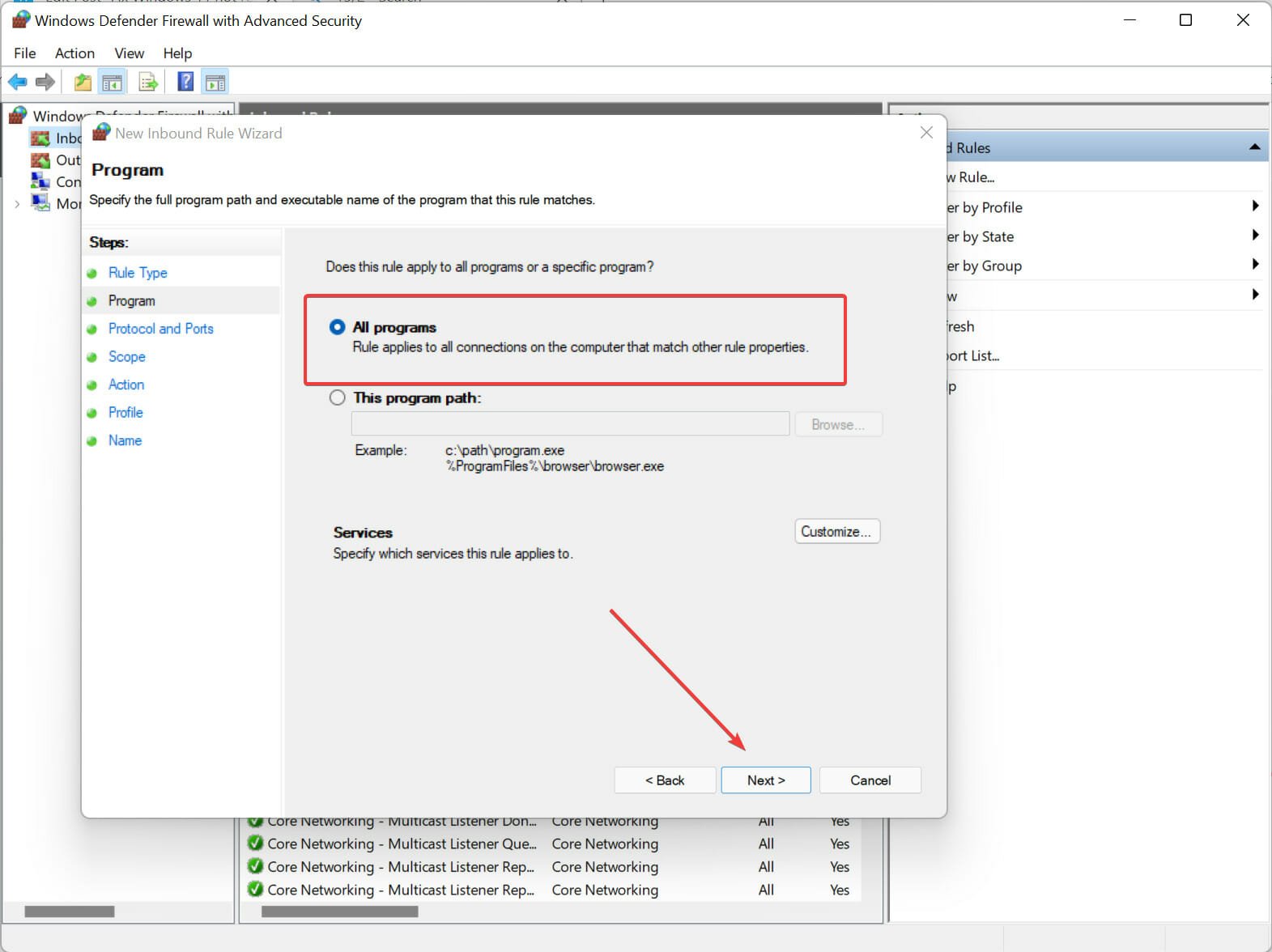 Clicking on All programs inside Windows firewall