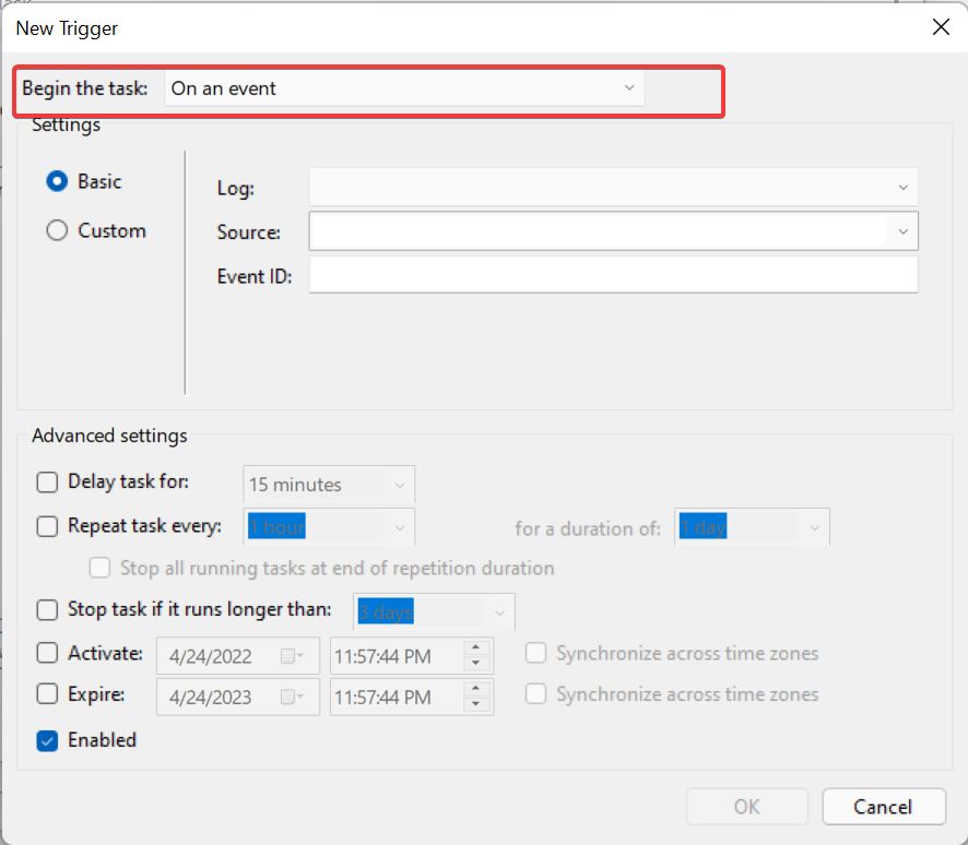 Selecting when Windows event should send email notifications