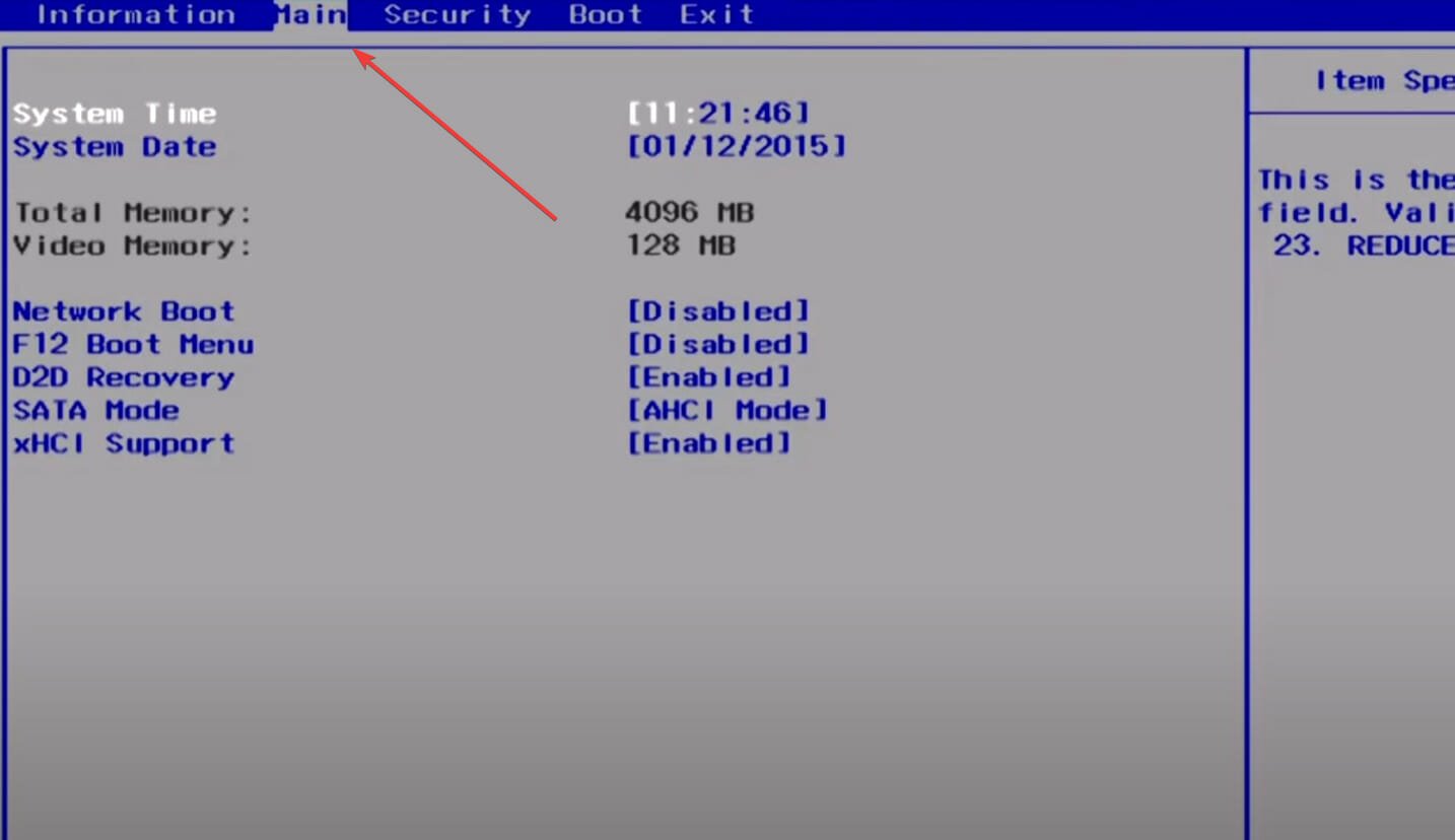 Selecting Main tab inside BIOS