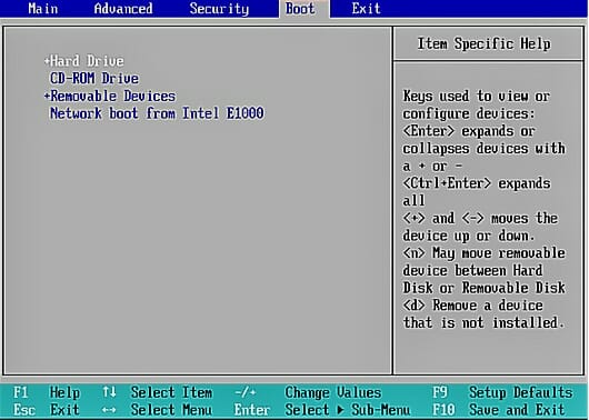 BIOS Boot Menu page