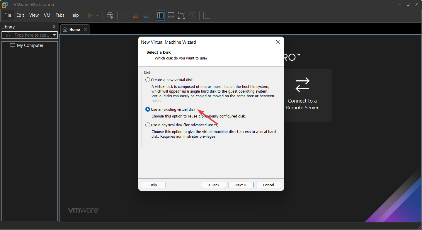choose to use an existing virtual disk