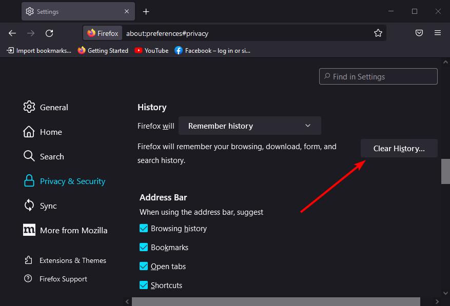 clear history firefox youtube secure connection failed