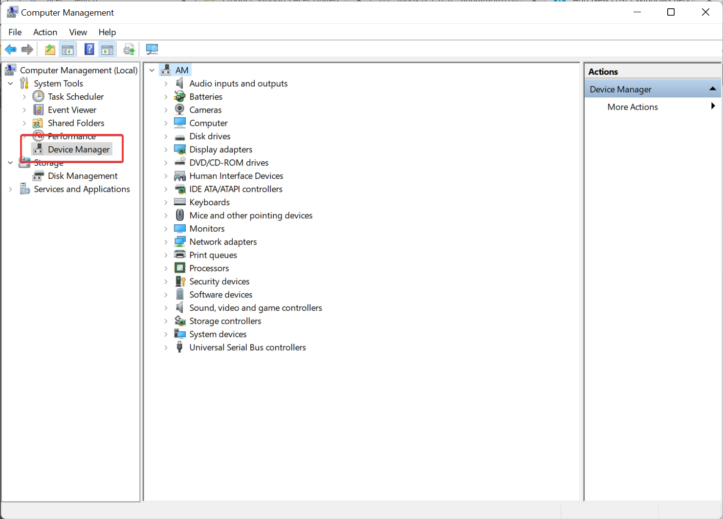 Clicking on device manager inside computer management