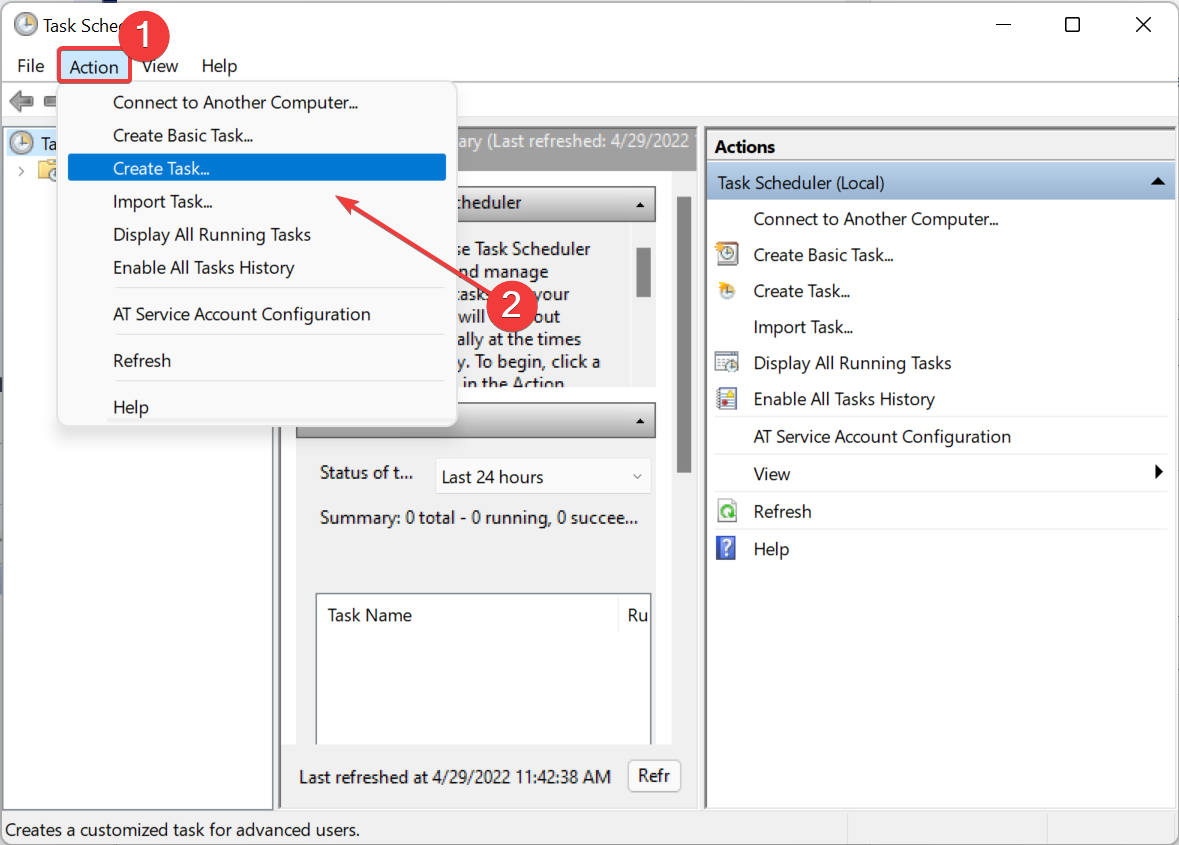 Clicking on Create task under Action