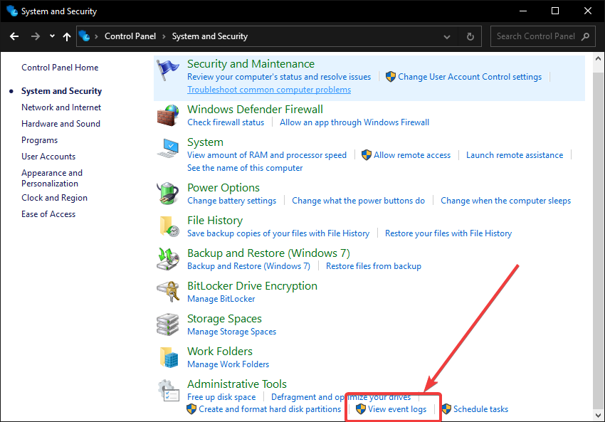 Click on View event logs 