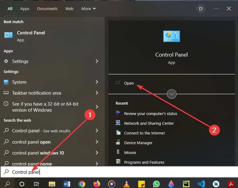 Search for control panel