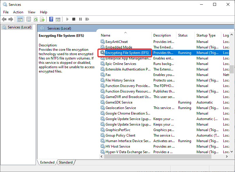 Opening EFS in services window