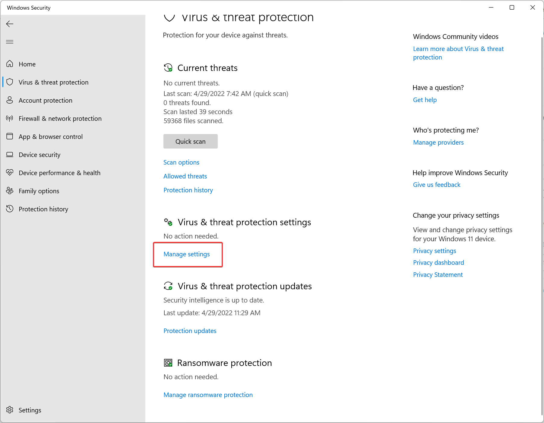 Selecing Manage settings under Virus & threat protection