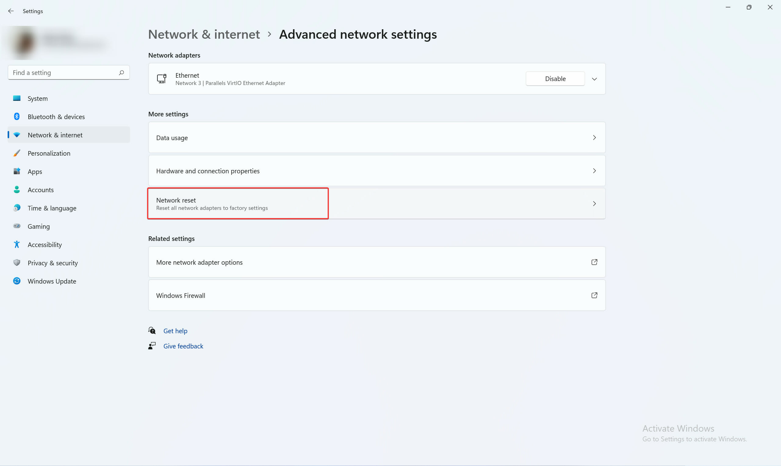 Clicking on Network reset