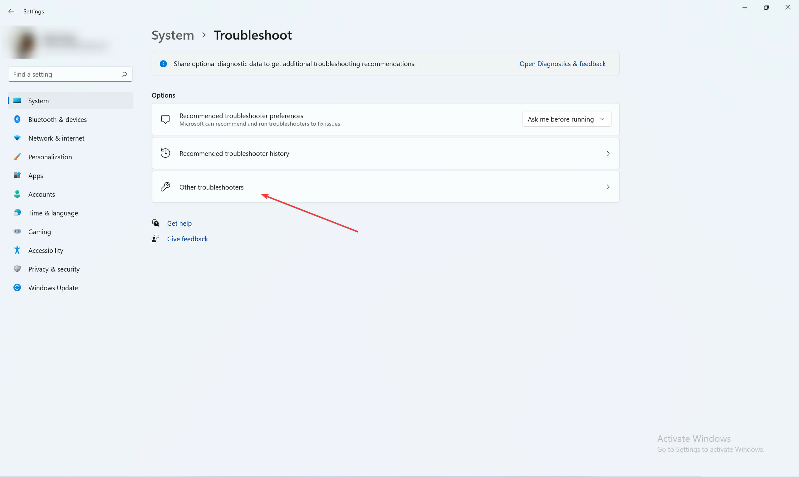 Clicking on Other troubleshooters