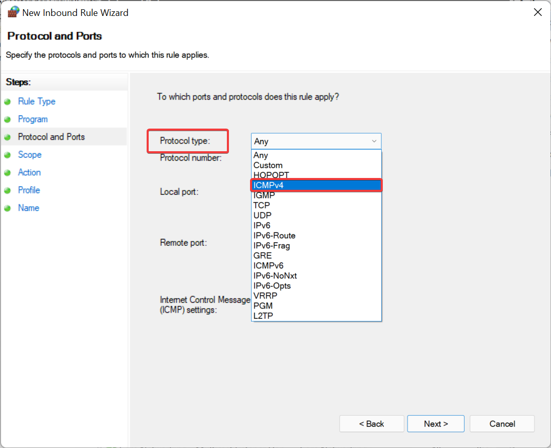 Selecting ICMPv4 as a protocol type