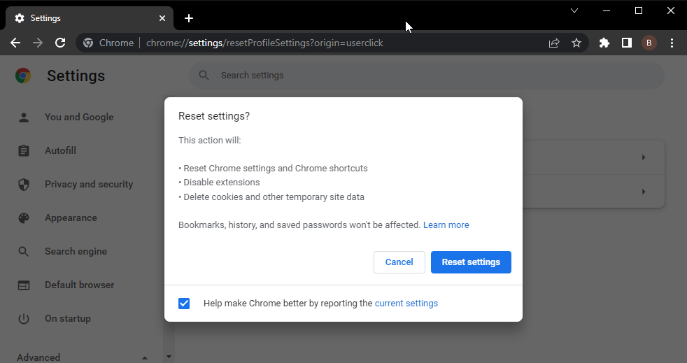 reset settings