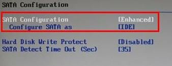 Setting the SATA configuration to IDE
