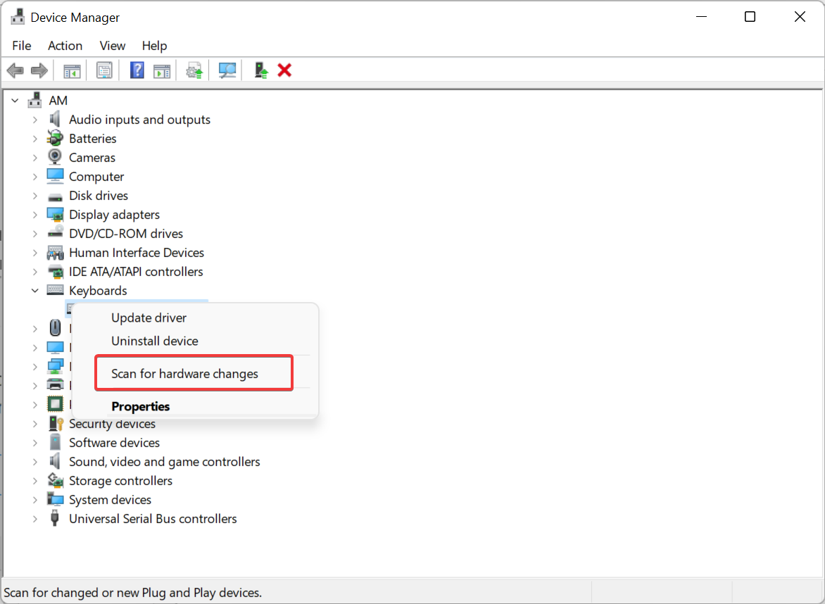 Scanning for hardware changes inside Device manager