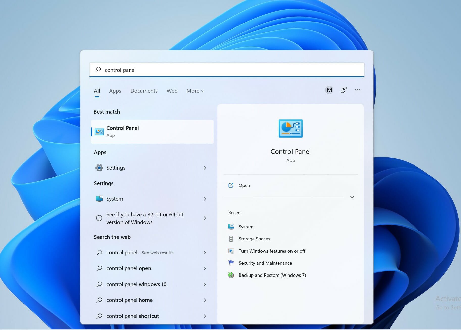 Opening control panel by using the Start menu