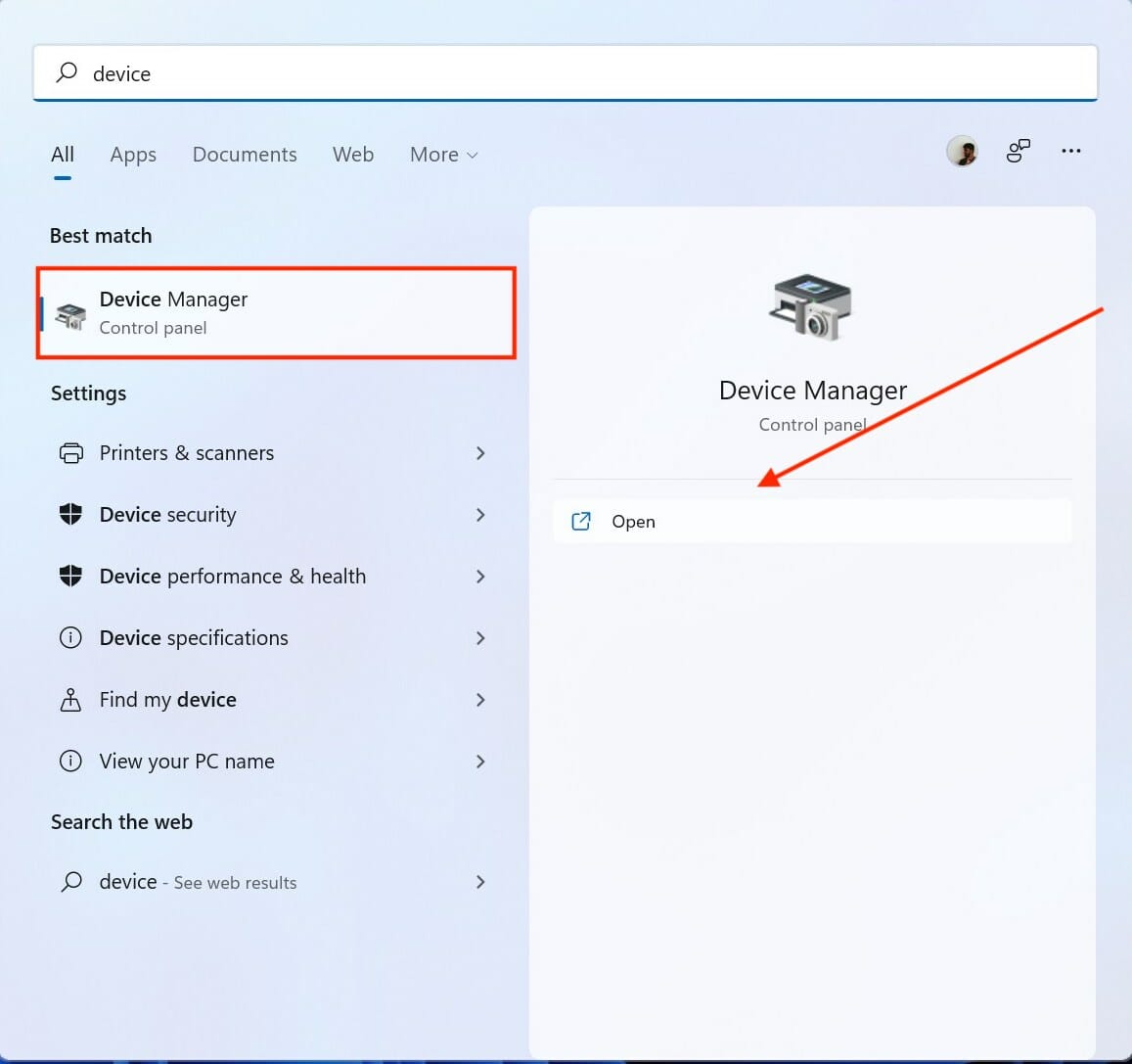 Opening device manager from Start menu