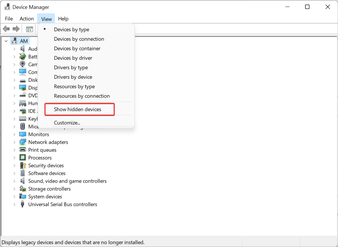 Clicking on Show hidden devices