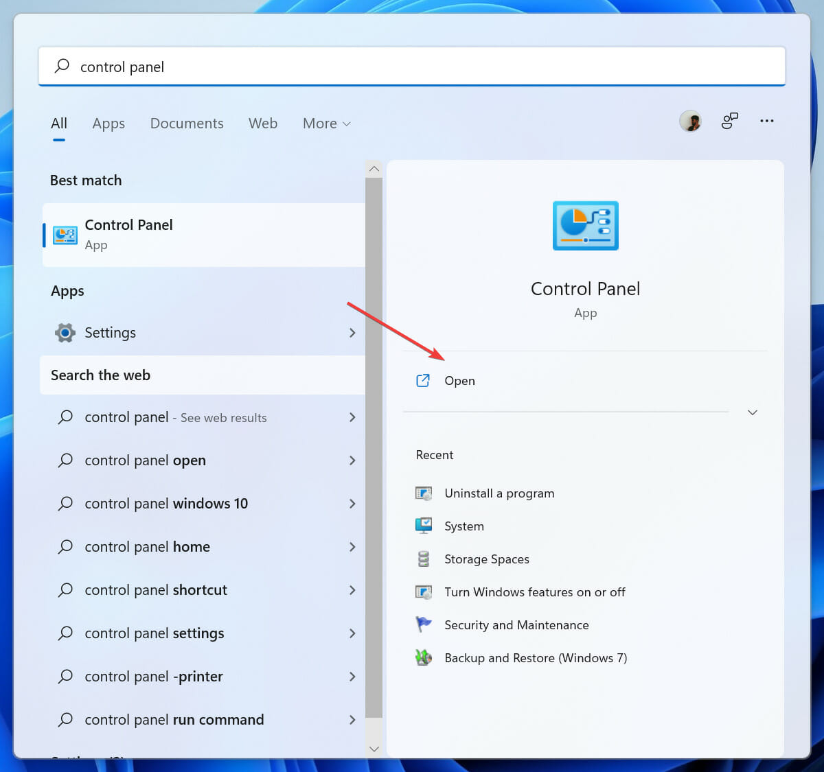 Launching control panel from the start menu