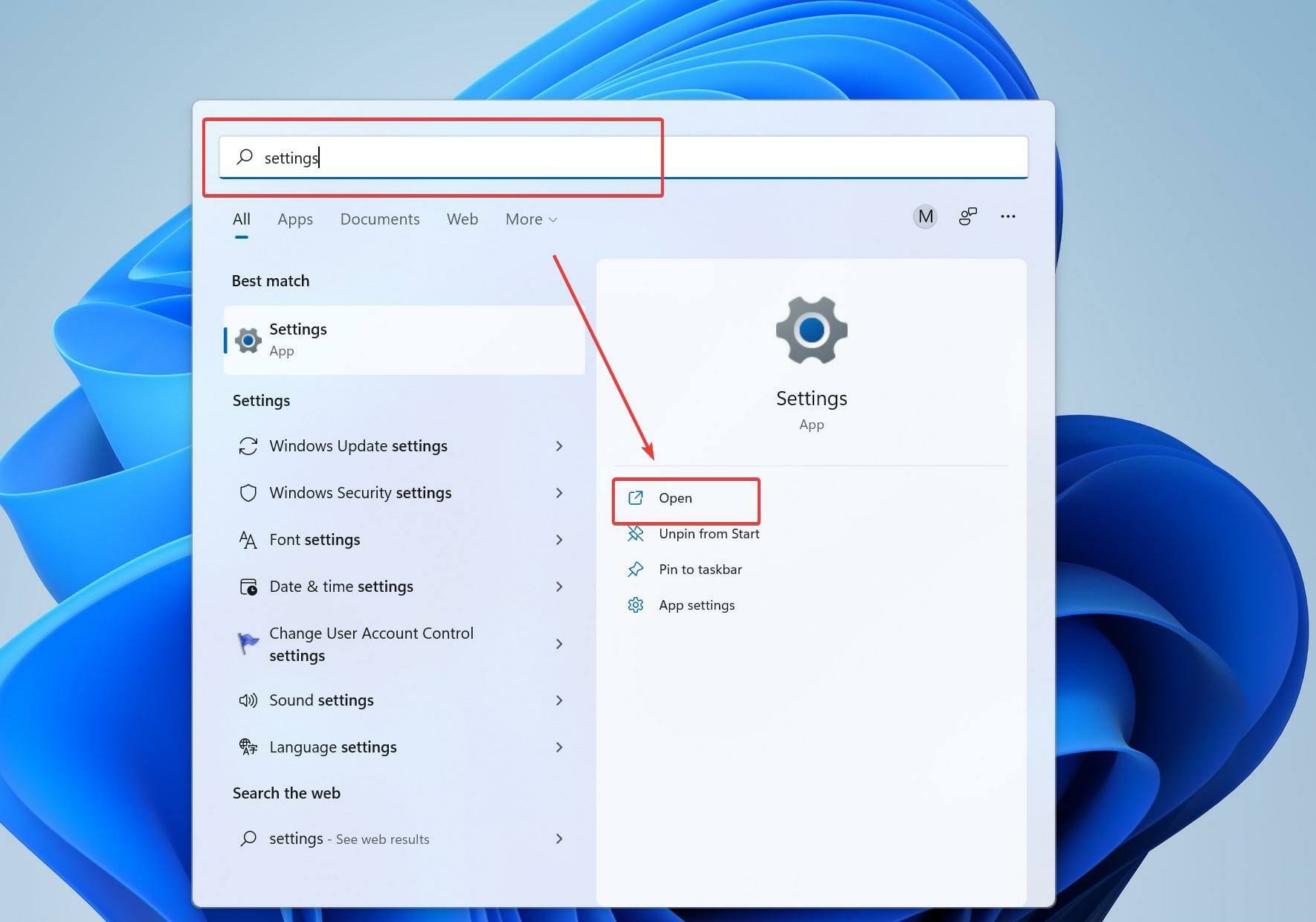 Opening Settings from the Start page