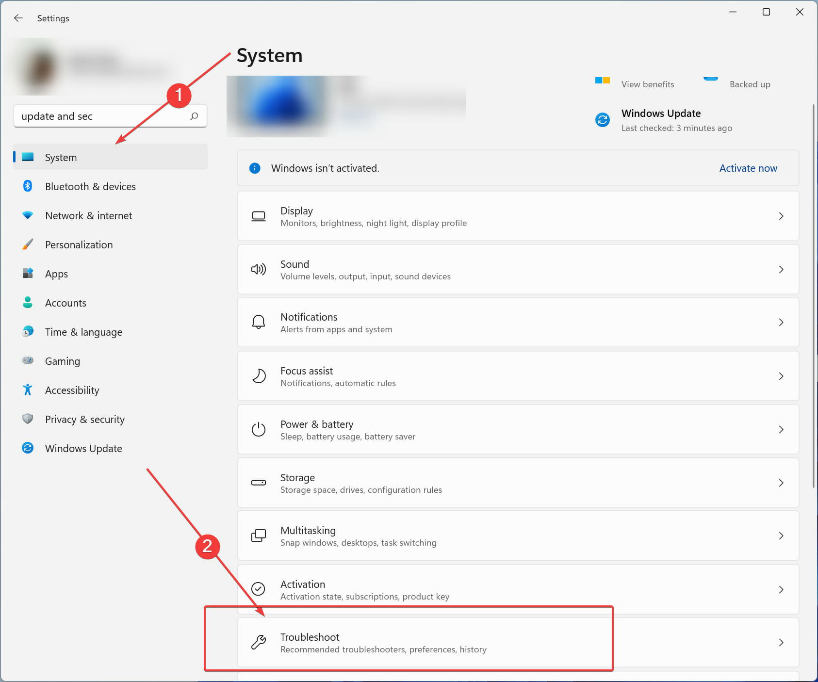 Opening troubleshoot by clicking on system