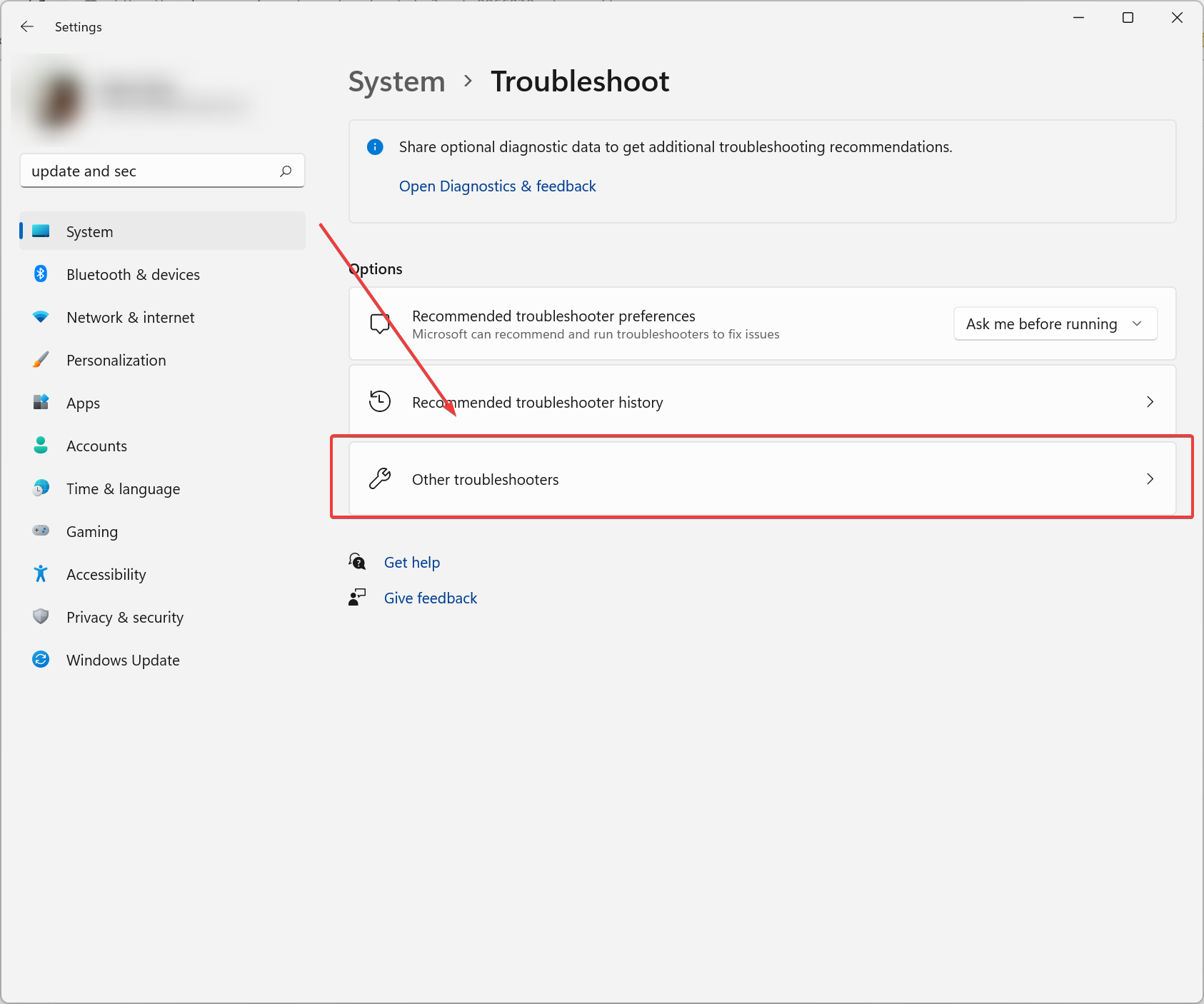 Clicking on Other troubleshooters