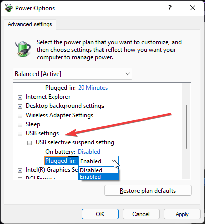 Ajuste la configuración de USB para arreglar que Windows 11 no apague la pantalla.