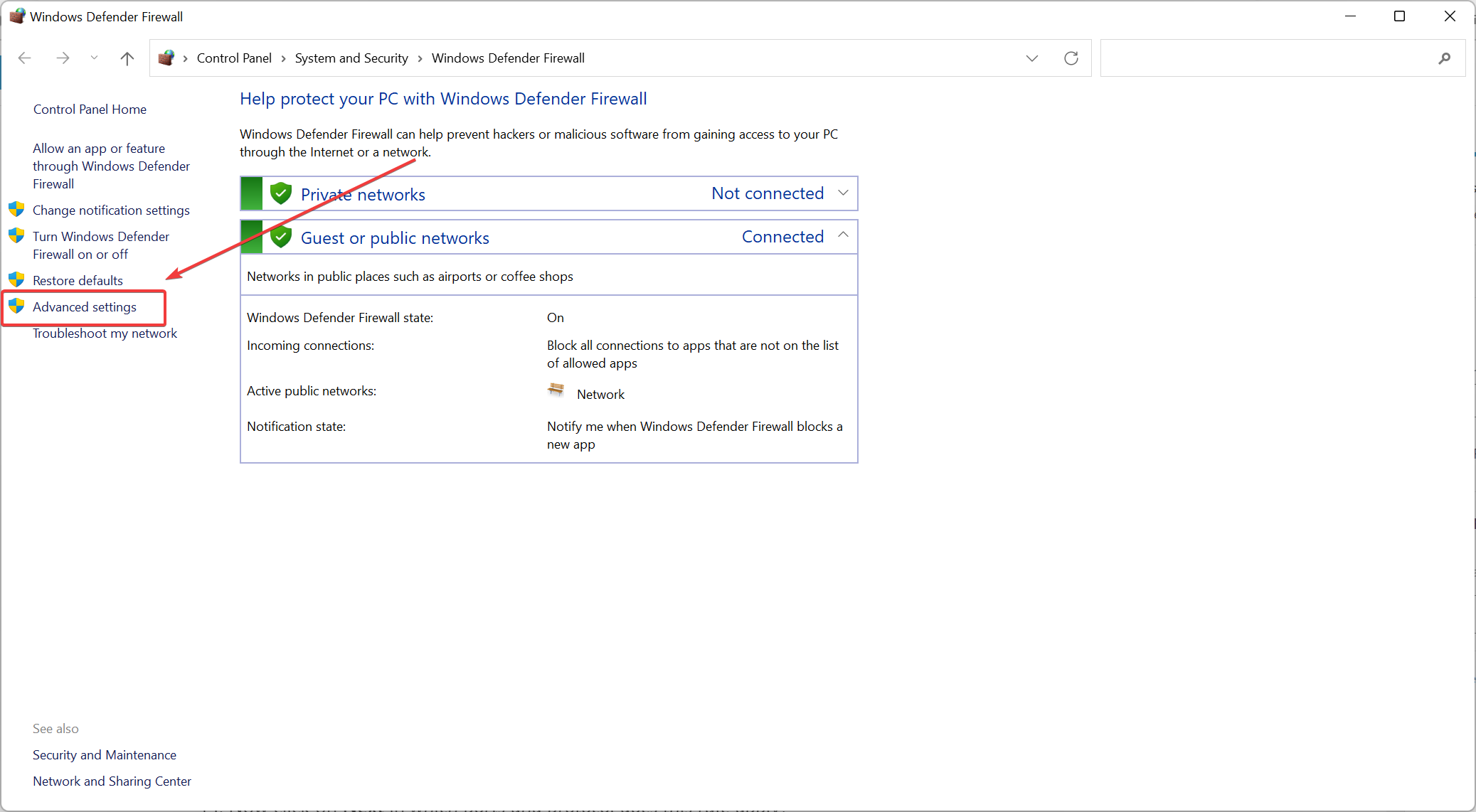 Opening advanced settings in Windows firewall