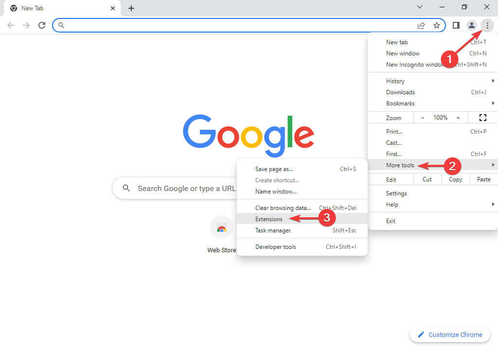Click on ellipsis, more tools, and extensions