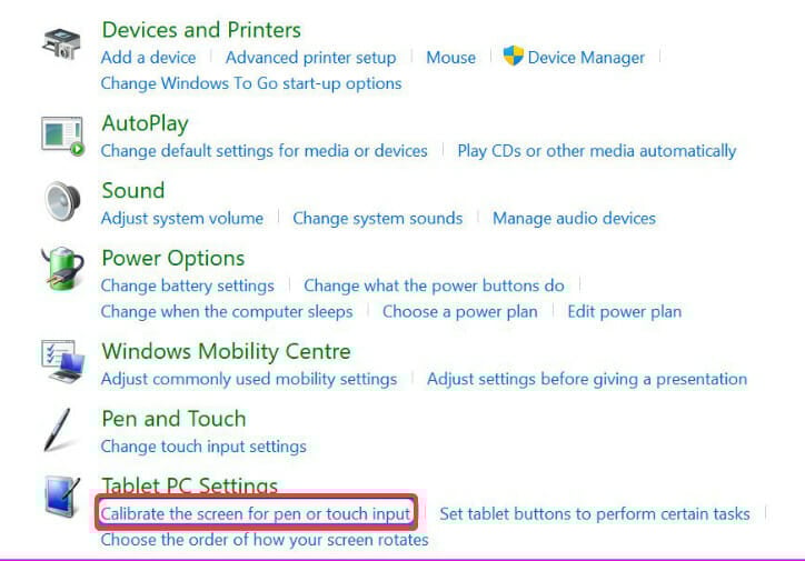 Click on calibrate the screen for pen or touch input