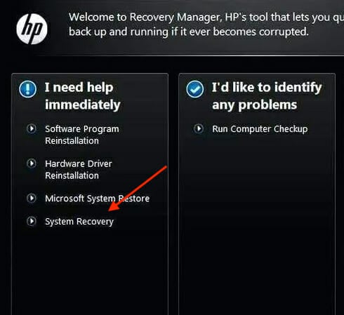 Initiating the system recovery process on HP computers