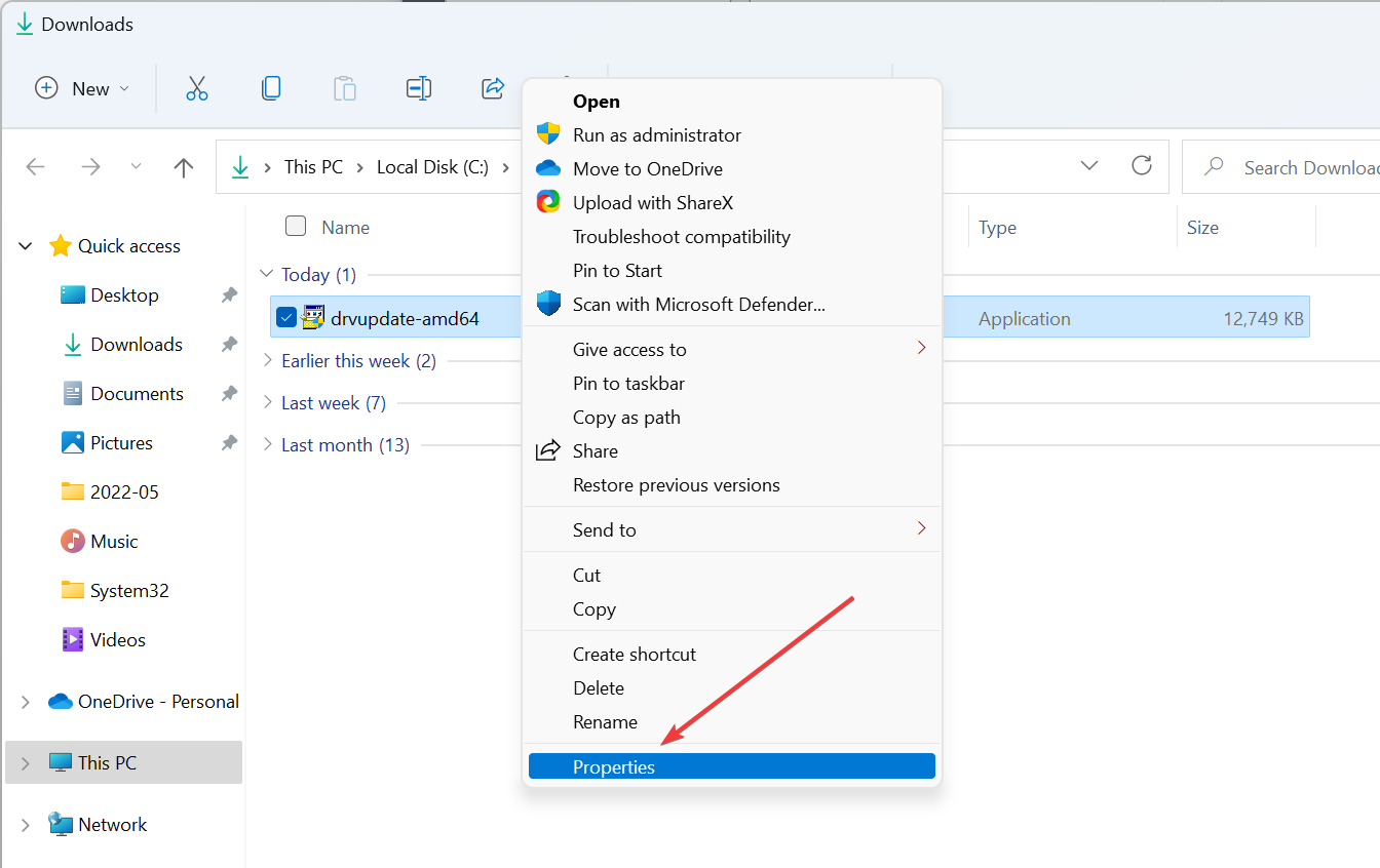 Opening the Properties page of the installer