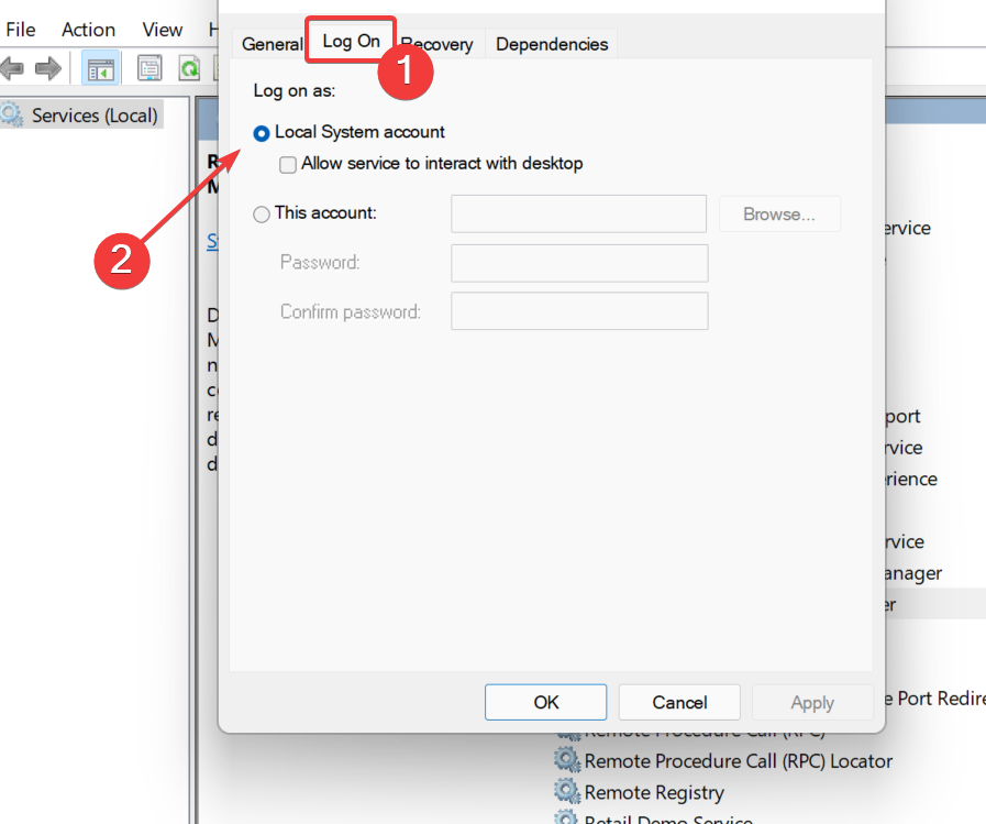Checking the Local System account checkbox