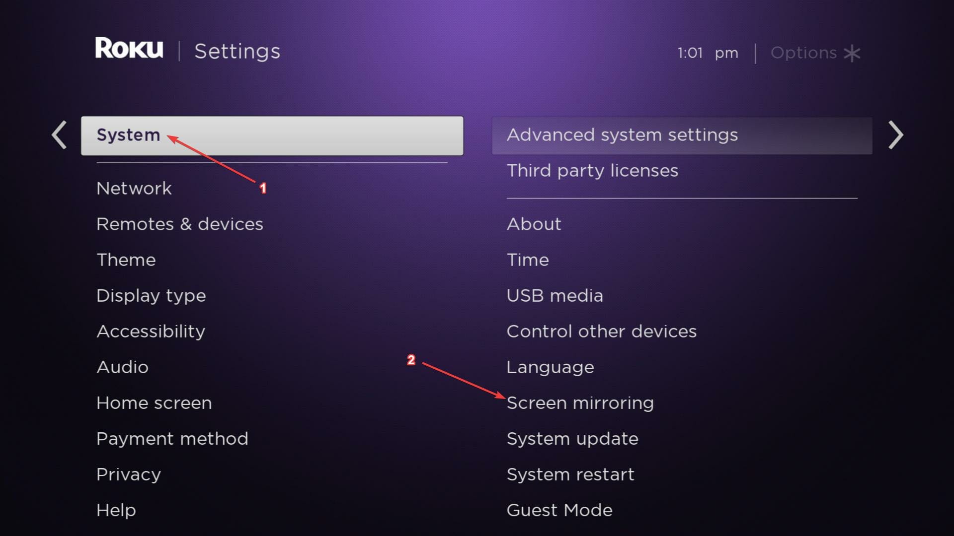 Roku Mirroring Settings