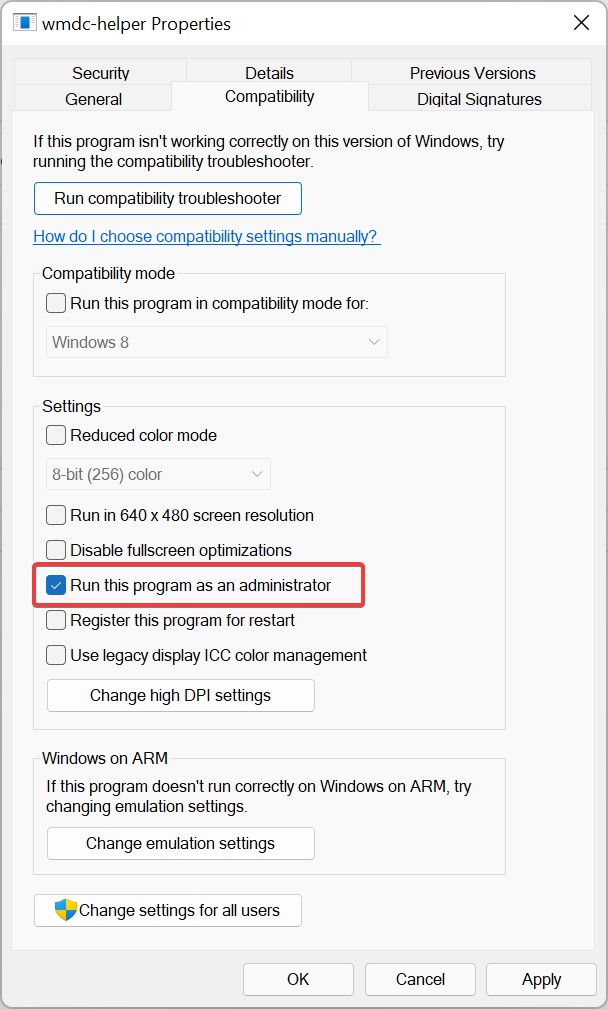 Configuring WMDC to run as an administrator