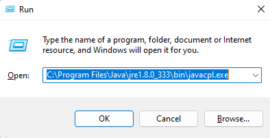 open Java control panel through run command