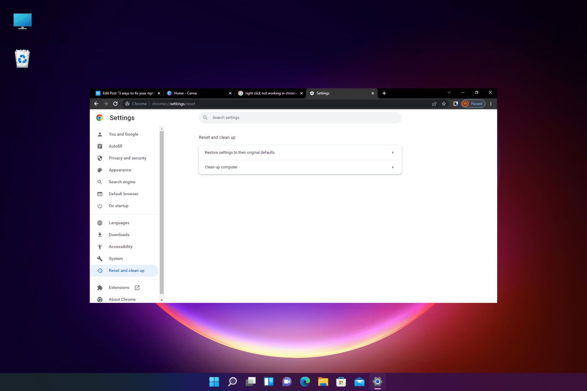right click not working in Chrome