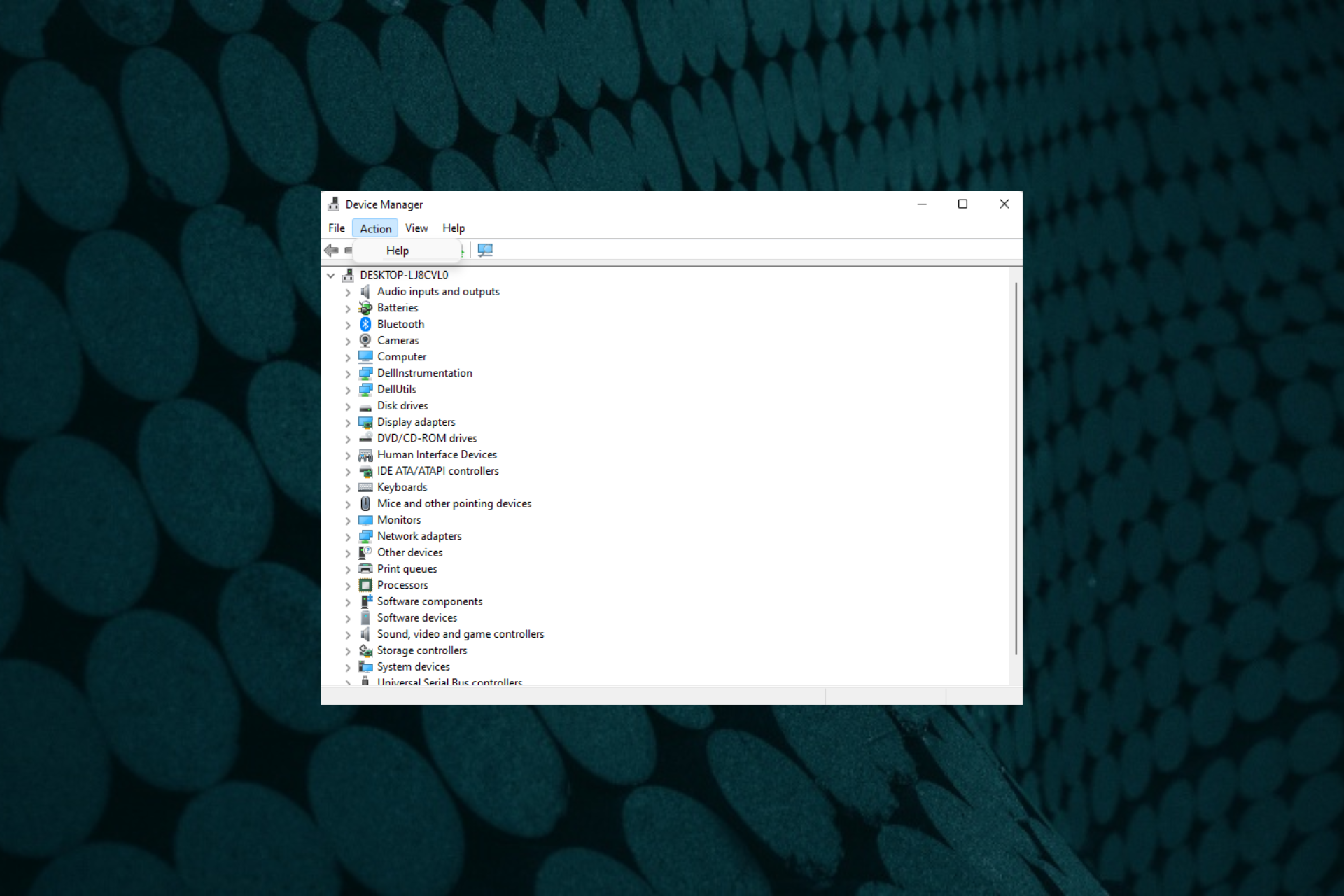 device manager action tab shows only help