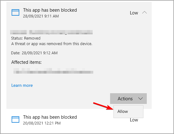 allow quarantined threat windows defender
